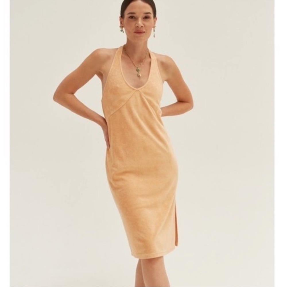Crescent Peach Terry Halter Midi Dress